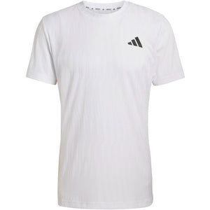 Wit Adidas Freelift T-shirt voor heren, plat vooraanzicht met zwart logo