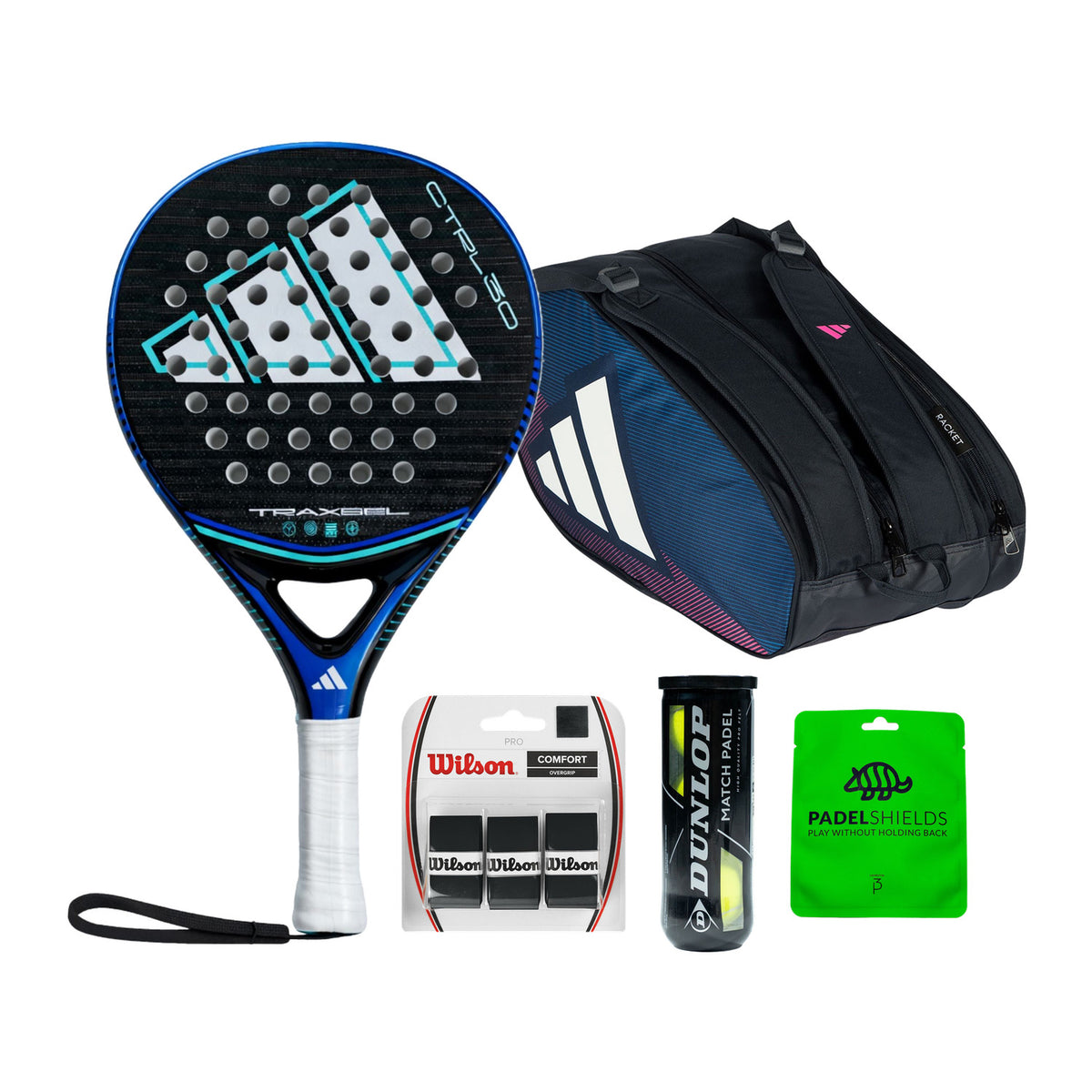 Adidas Traxsel Complete Beginner Bundle: Adidas Traxsel Ctrl 3.0 padelracket, Adidas Racketbag Control 2026 Blue/Pink, Dunlop Match padelballen, Wilson Pro Overgrips en Padel Shields