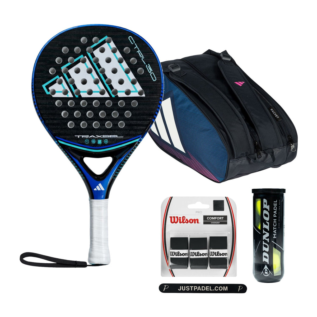 Adidas Traxsel Complete Beginner Bundle: Adidas Traxsel Ctrl 3.0 padelracket, Adidas Racketbag Control 2026 Blue/Pink, Dunlop Match padelballen, Wilson Pro Overgrips en Justpadel Protector
