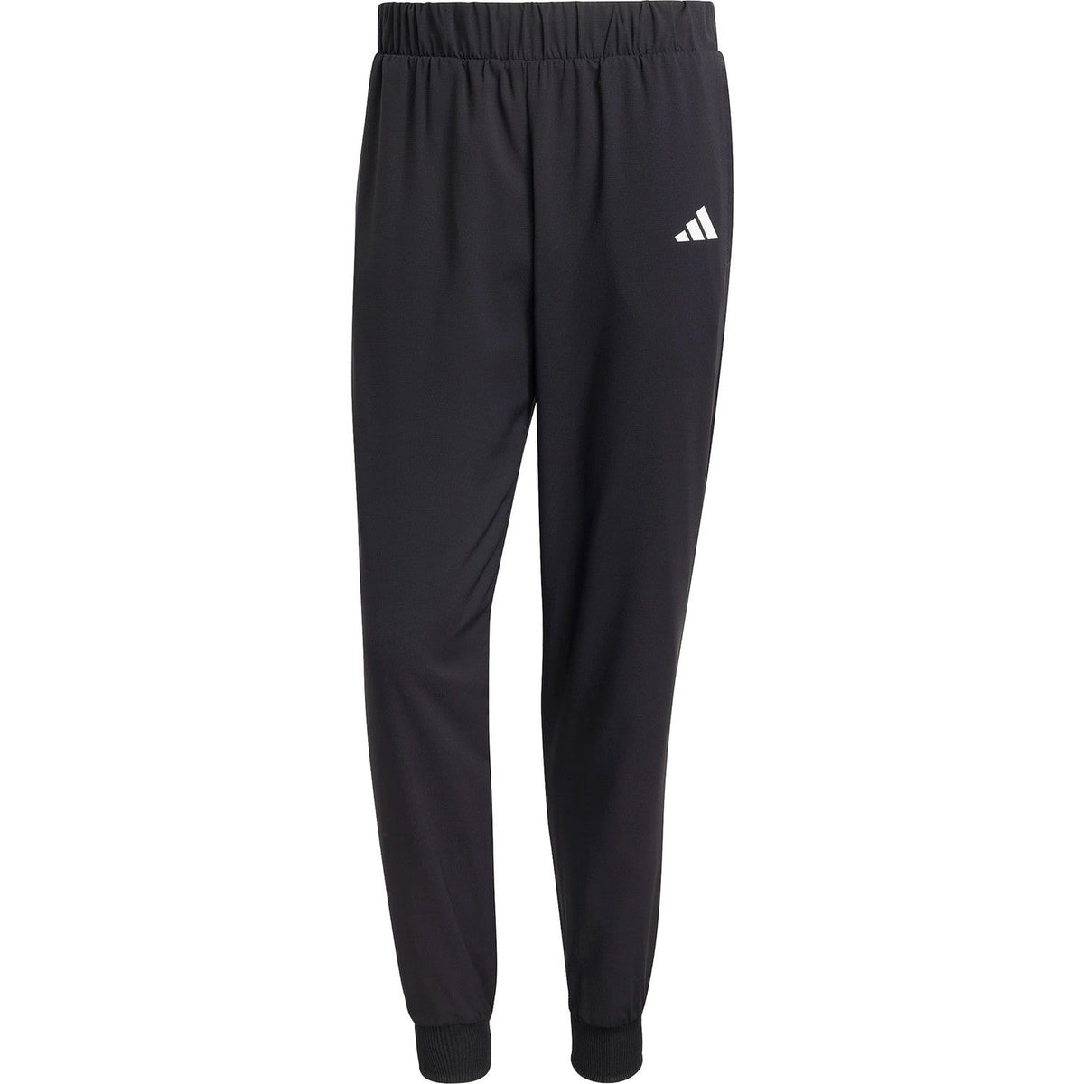 Productfoto van de losse zwarte Adidas Walk On trainingsbroek met wit logo op de pijp