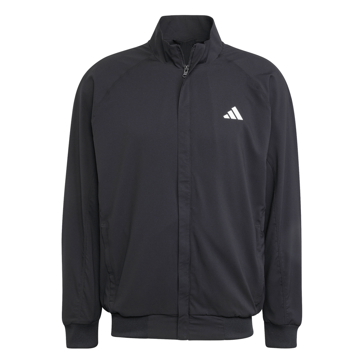 Zwart Adidas Walk On trainingsjack plat gefotografeerd met opstaande kraag
