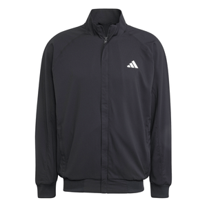 Zwart Adidas Walk On trainingsjack plat gefotografeerd met opstaande kraag