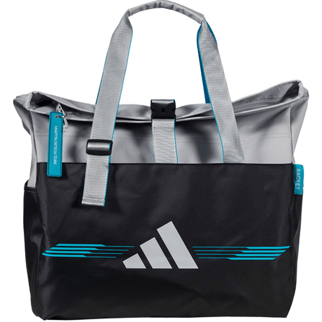 Vooraanzicht van de grijs-zwarte Adidas Weekendbag 3.4 met turquoise rits en wit logo.