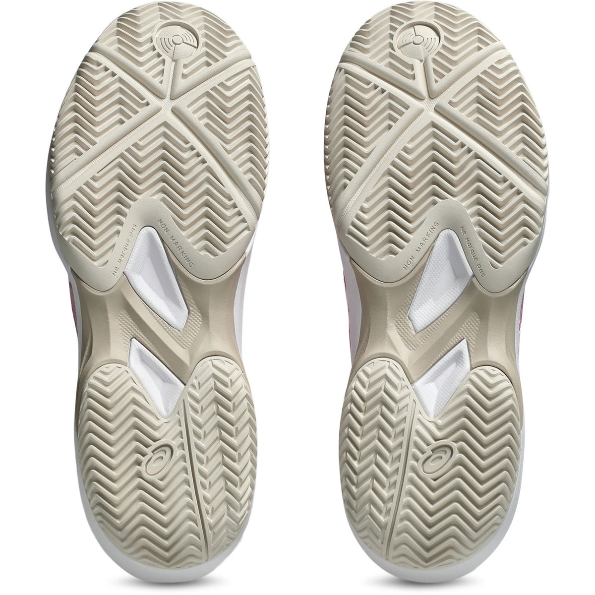 Beige zolen van een paar ASICS Game FF Padel W met visgraatprofiel