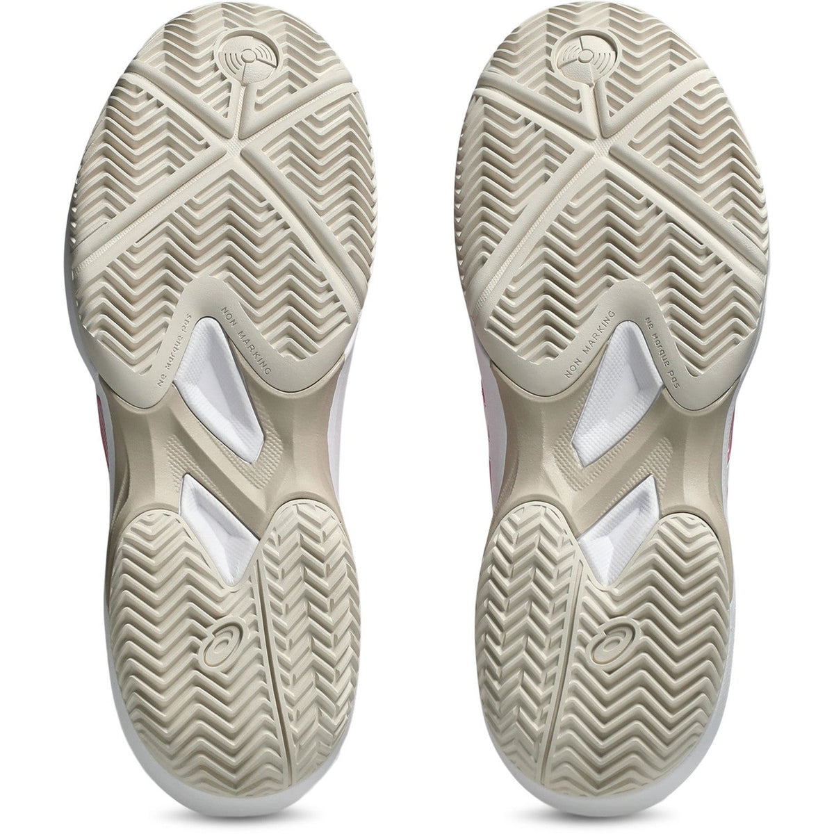 Zandkleurige buitenzolen met visgraatprofiel van de ASICS Game FF Padel W Bubblegum/White