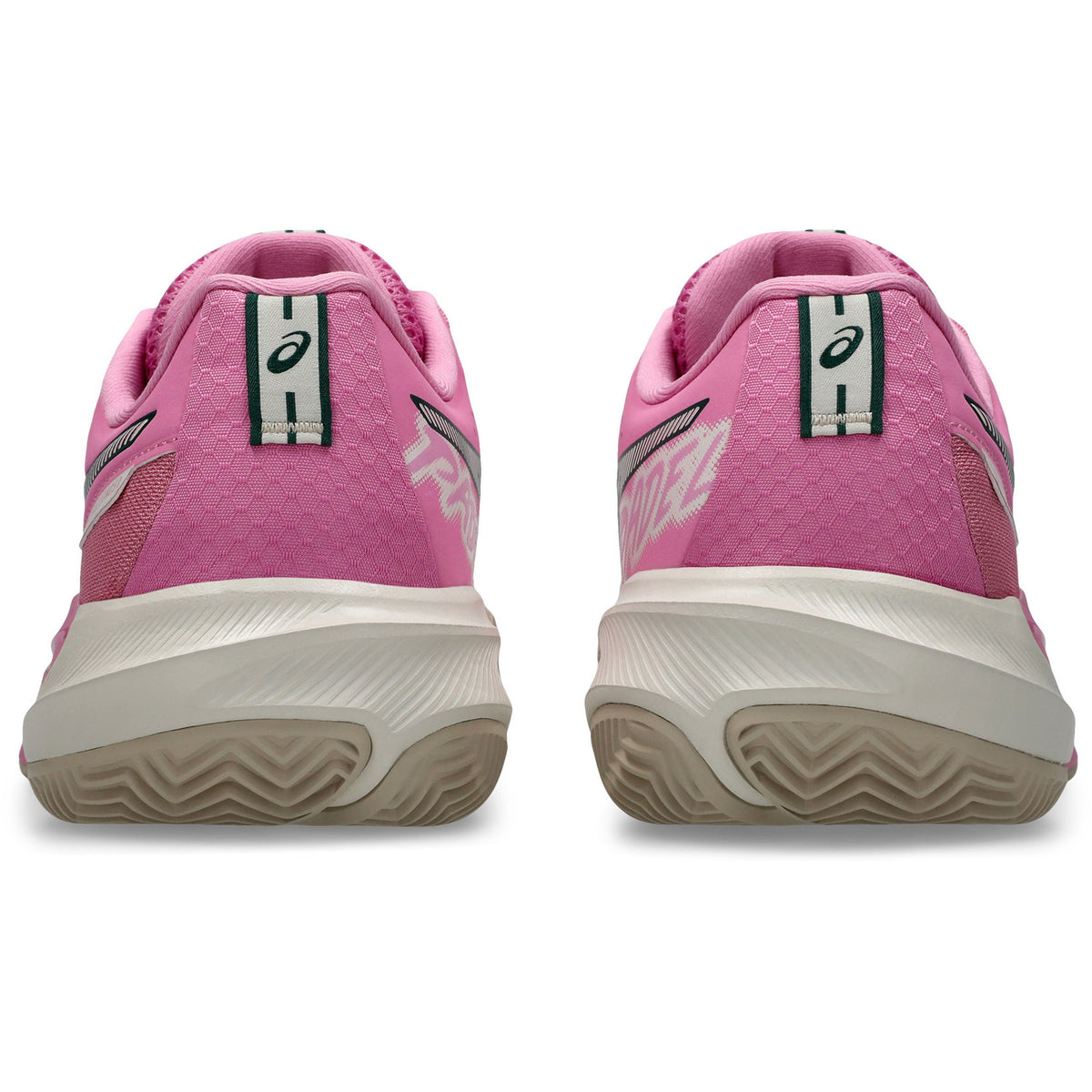 Achterkant van twee roze ASICS Gel-Challenger 15 Padel W met beige zool