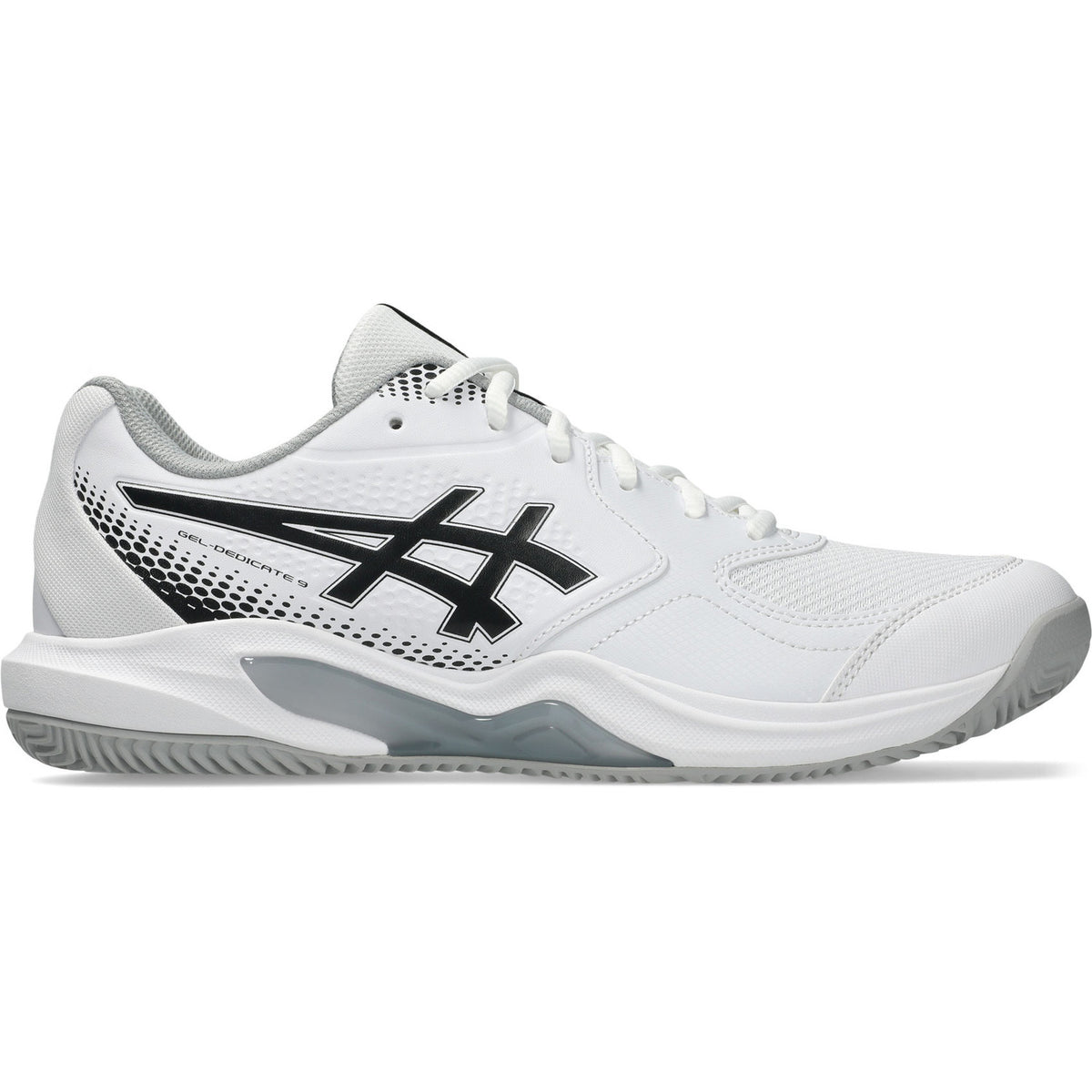 ASICS Gel-Dedicate 9 Padel in wit met zwart logo, zijaanzicht buitenkant