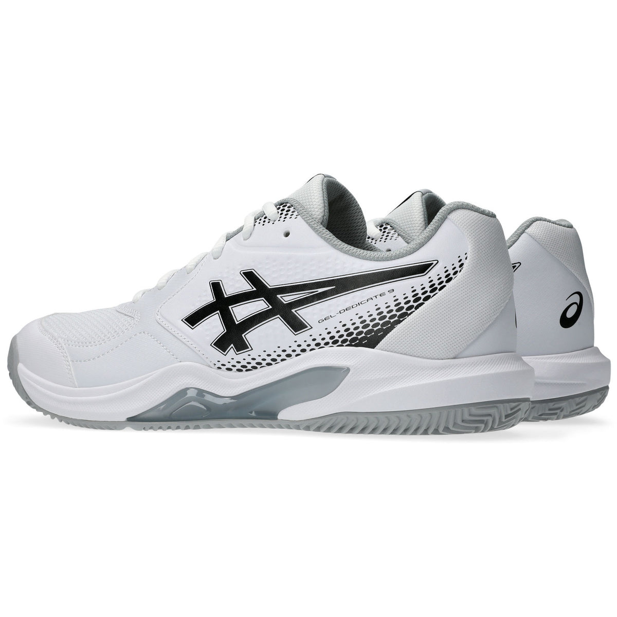Schuin achteraanzicht van de witte ASICS Gel-Dedicate 9 Padel met grijze zool