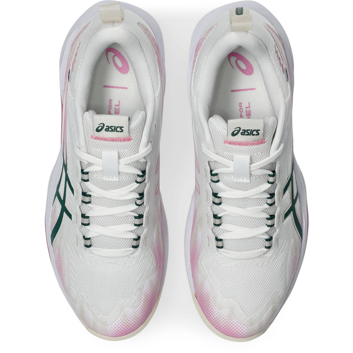 Bovenaanzicht van een paar witte ASICS Sonicsmash FF W met roze details