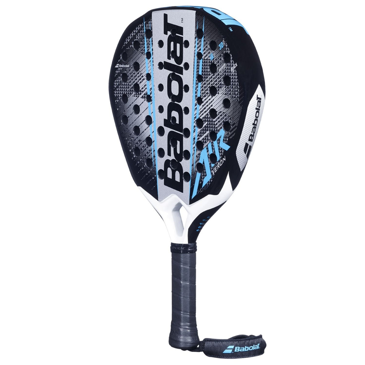 Babolat Air Veron 2.6 padelracket schuin vooraanzicht, druppelvorm in zwart en zilver