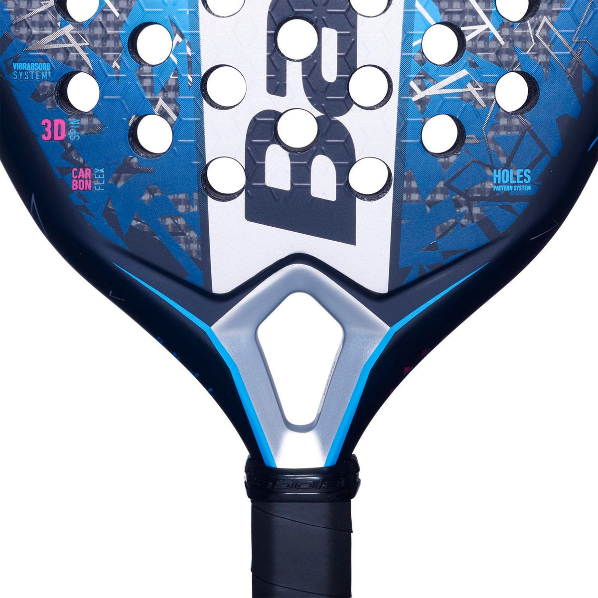 Detail van het hart van het Babolat Air Veron 25 met zilveren brug en zwarte grip