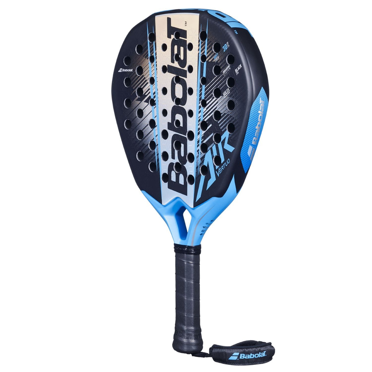 Babolat Air Vertuo 2.6 padelracket schuin vooraanzicht, druppelvorm in blauw met beige streep