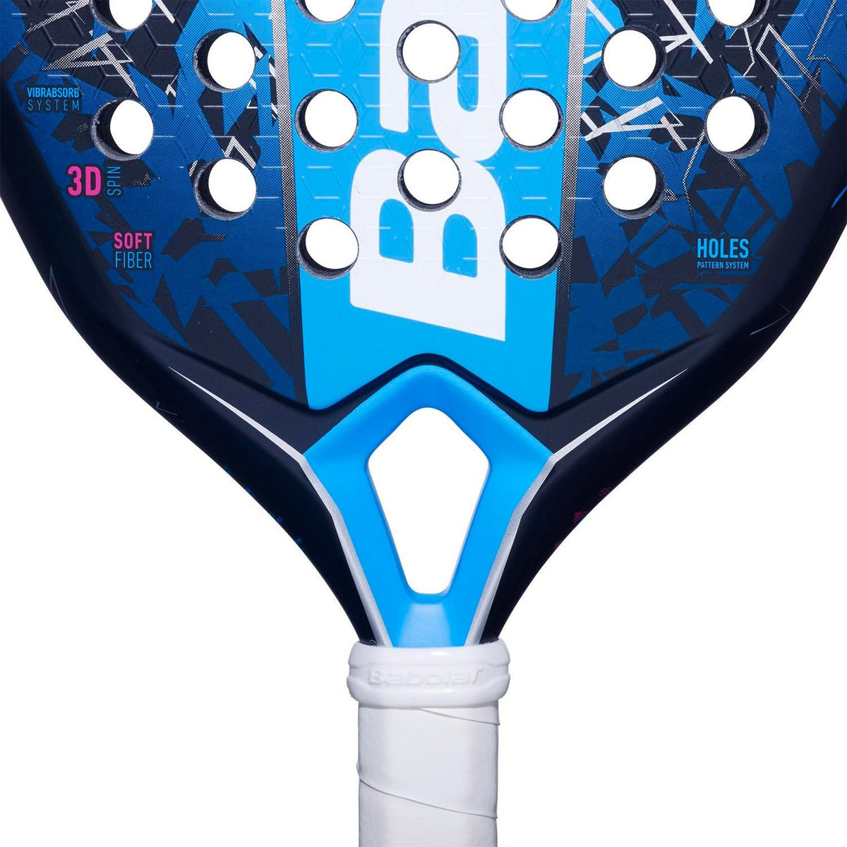 Detail van het hart van het Babolat Air Vertuo 25 met blauwe brug en witte grip