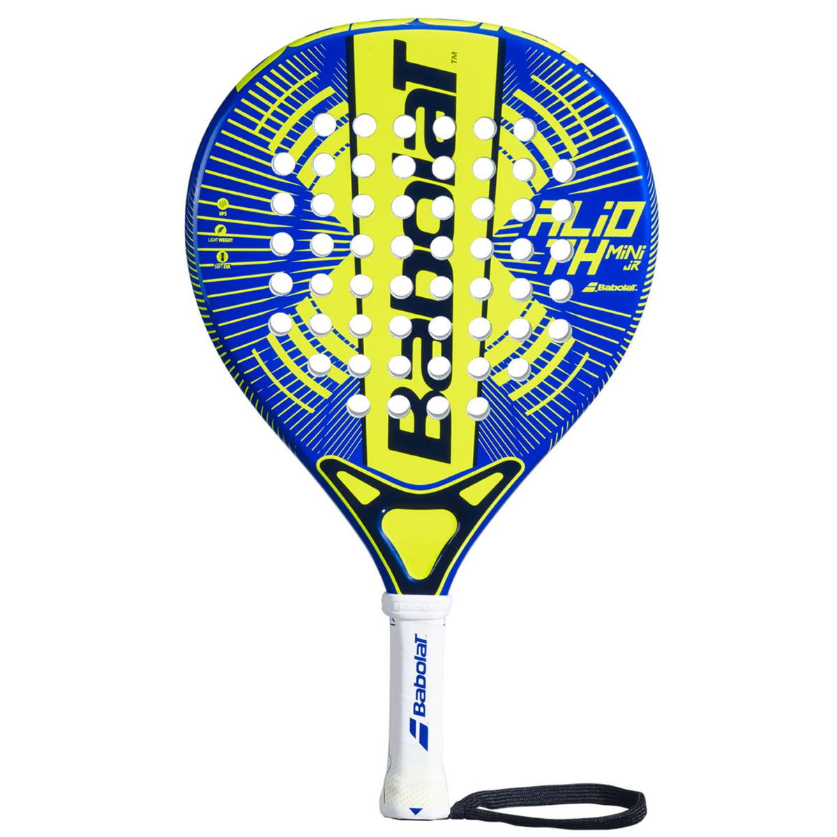 Babolat Alioth Mini JR padelracket voor kinderen in blauw met geel, vooraanzicht met polsband