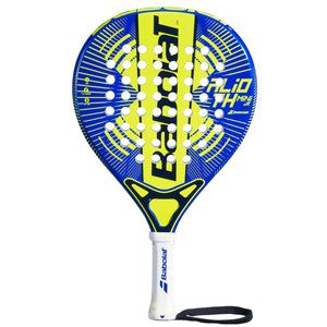 Babolat Alioth Mini JR padelracket voor kinderen in blauw met geel, vooraanzicht met polsband