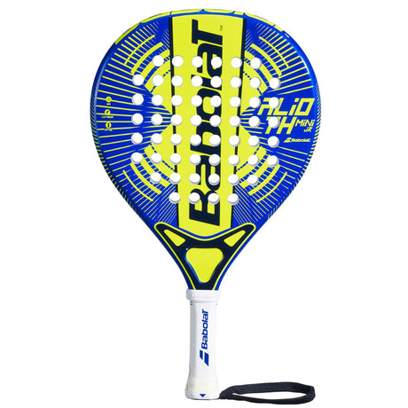 Babolat Alioth Mini JR padelracket voor kinderen in blauw met geel, vooraanzicht met polsband