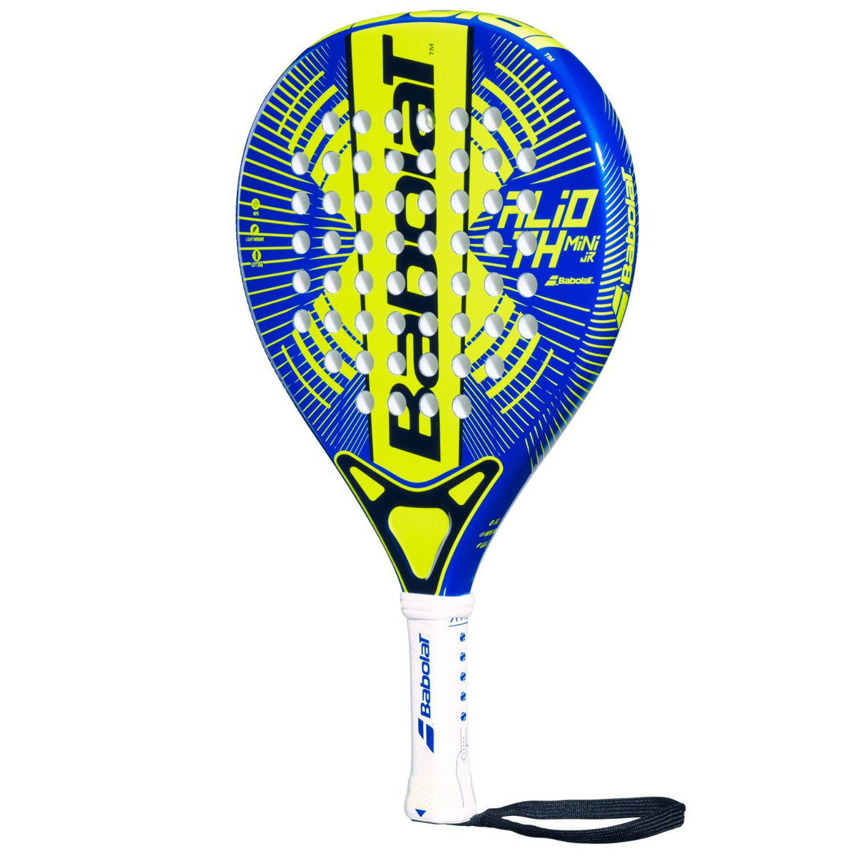 Babolat Alioth Mini JR junior padelracket schuin vooraanzicht in blauw en geel