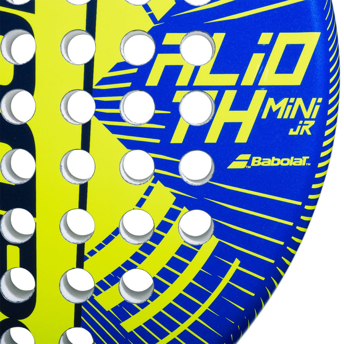 Close-up van het slagvlak van het Babolat Alioth Mini JR met Alioth Mini JR-opdruk