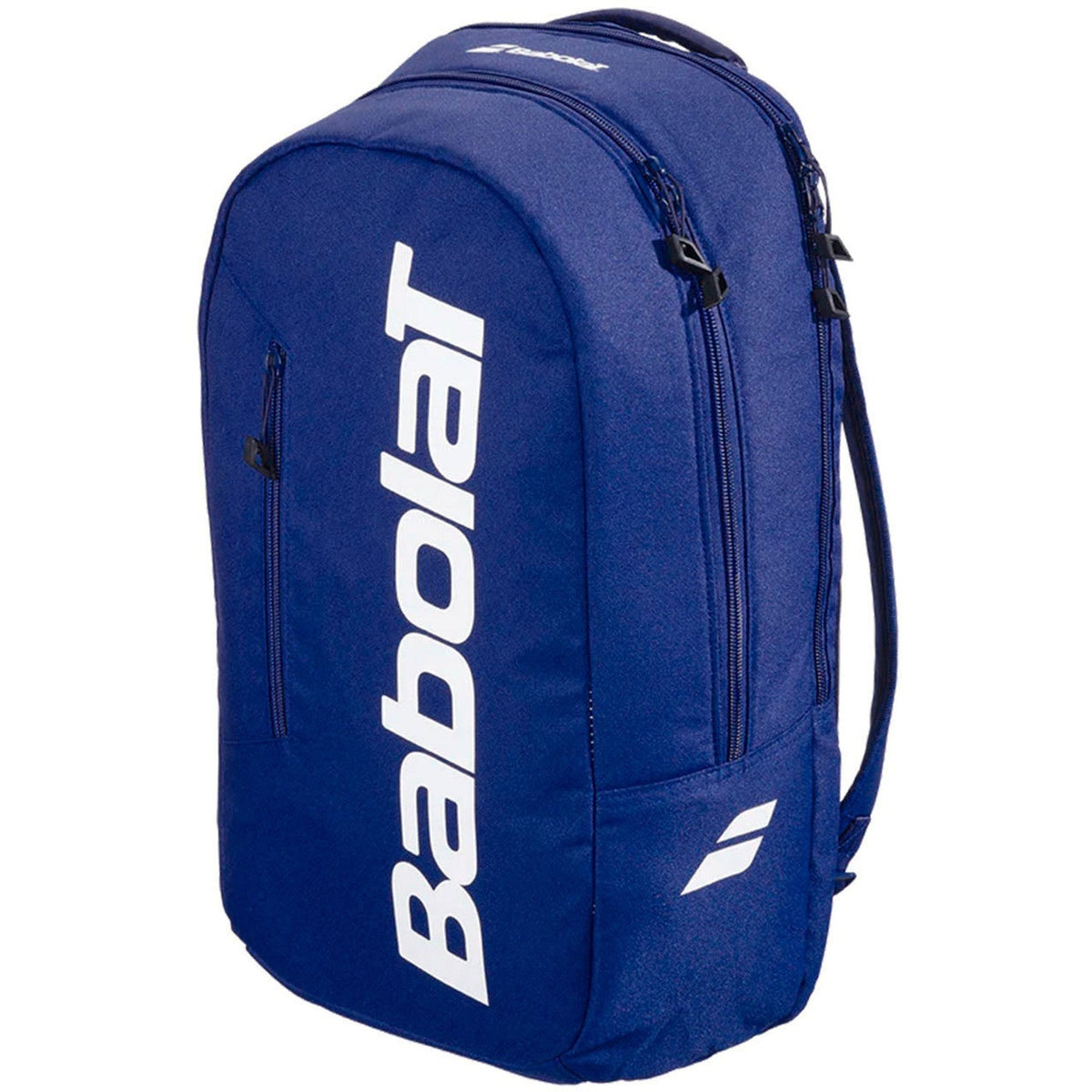 Schuin vooraanzicht van de donkerblauwe Babolat Backpack Court Lite met wit logo.