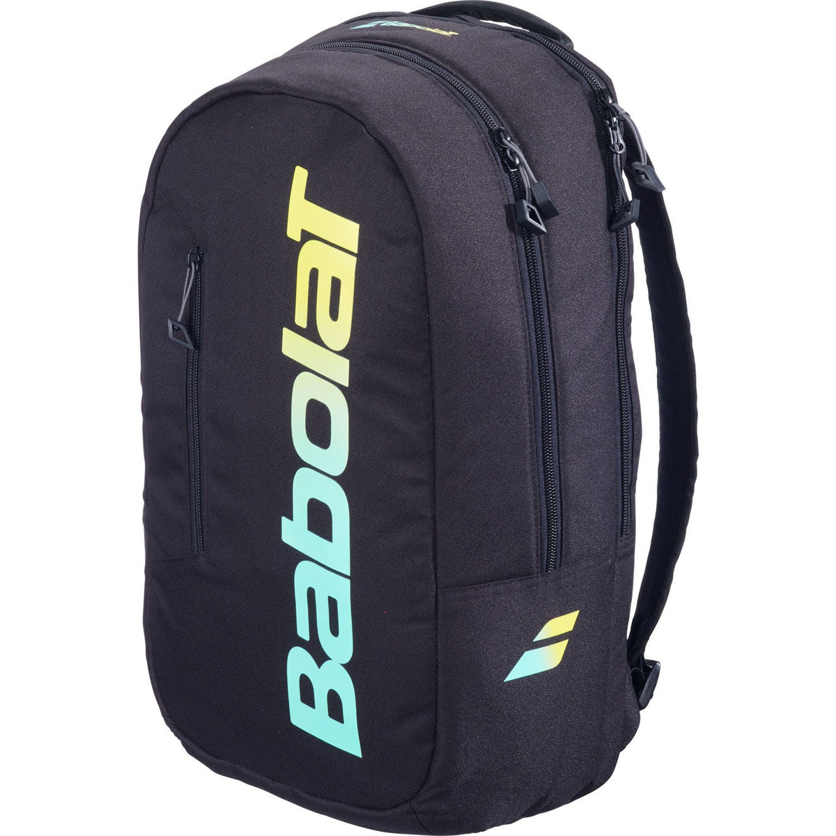 Zwarte Babolat Backpack Court Lite met geel-groen logo, schuin vooraanzicht.