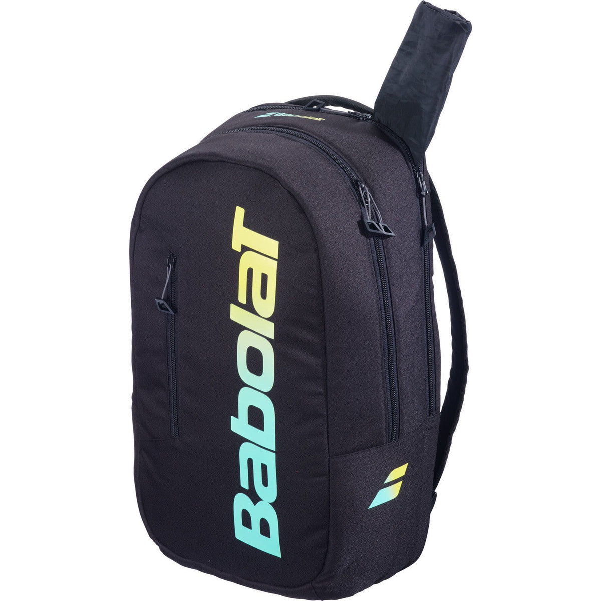 Zwarte Babolat Court Lite rugzak met racket in de zijhouder en geel-mint logo.