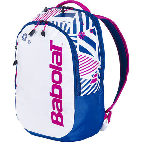 Babolat Kids rugzak voor kinderen in wit met blauwe en roze print, vooraanzicht