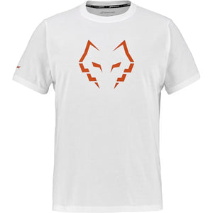 Vooraanzicht van het witte Babolat Cotton T-shirt Lebron 2026 met oranje stierkop-opdruk