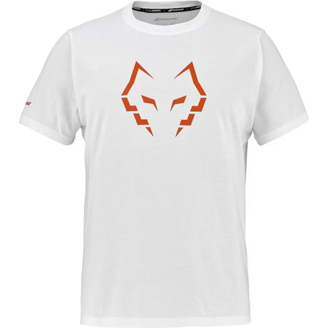 Vooraanzicht van het witte Babolat Cotton T-shirt Lebron 2026 met oranje stierkop-opdruk