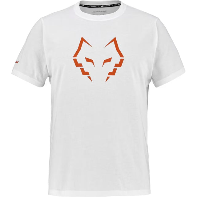 Vooraanzicht van het witte Babolat Cotton T-shirt Lebron 2026 met oranje stierkop-opdruk
