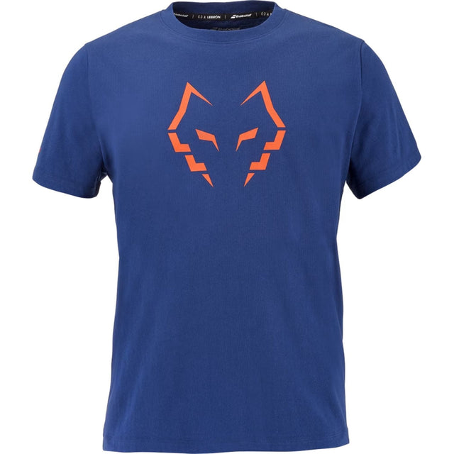 Blauw Babolat Cotton T-shirt Lebron 2026 met grote oranje stierkop-opdruk op de borst