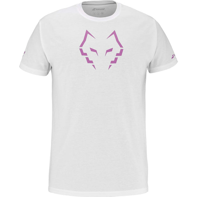 Wit Babolat Cotton T-shirt Lebron met paars-roze stierkop-opdruk op de borst, vooraanzicht