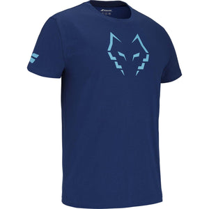 Schuin vooraanzicht van het donkerblauwe Babolat Cotton T-shirt Lebron met logo op de mouw