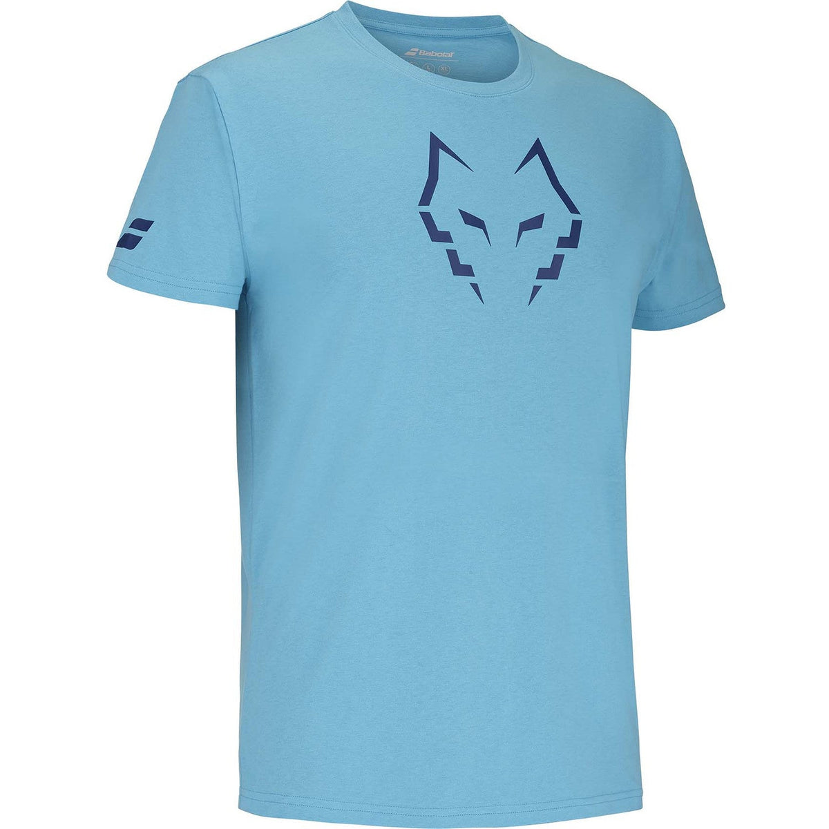 Schuin vooraanzicht van het lichtblauwe Babolat Cotton T-shirt Lebron met ronde halsboord