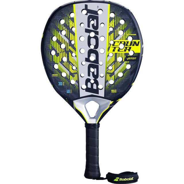 Babolat Counter Veron 25 padelracket in zwart met gele en zilveren vlakken, vooraanzicht