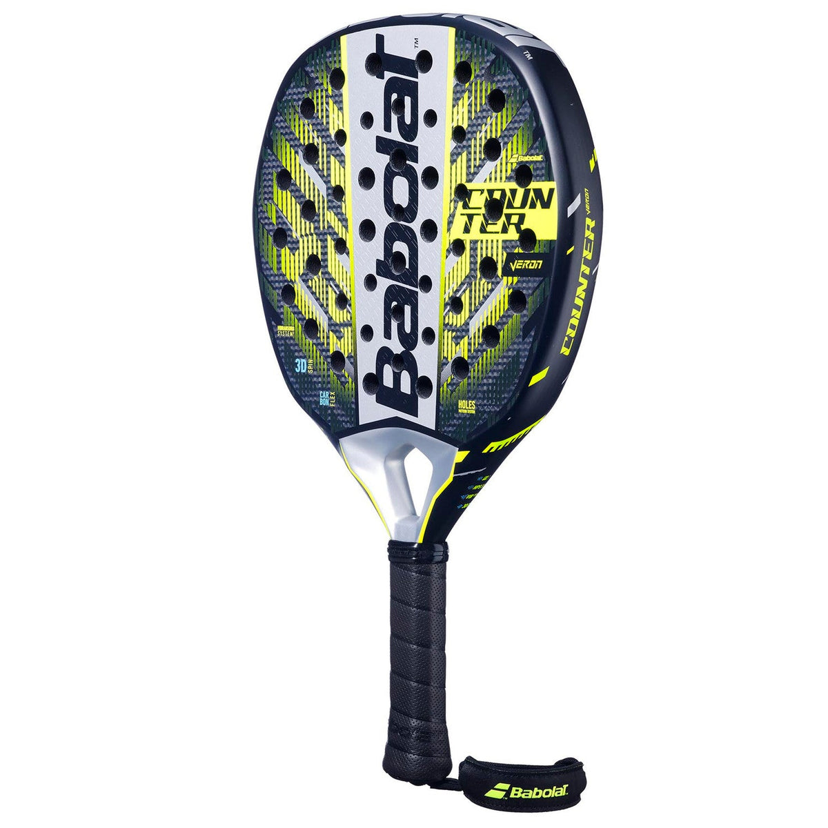 Babolat Counter Veron 25 padelracket schuin vooraanzicht, rondvorm in zwart en geel