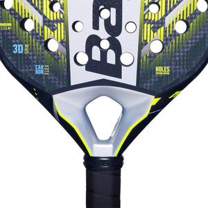 Detail van het hart van het Babolat Counter Veron 25 met zilveren brug en zwarte grip