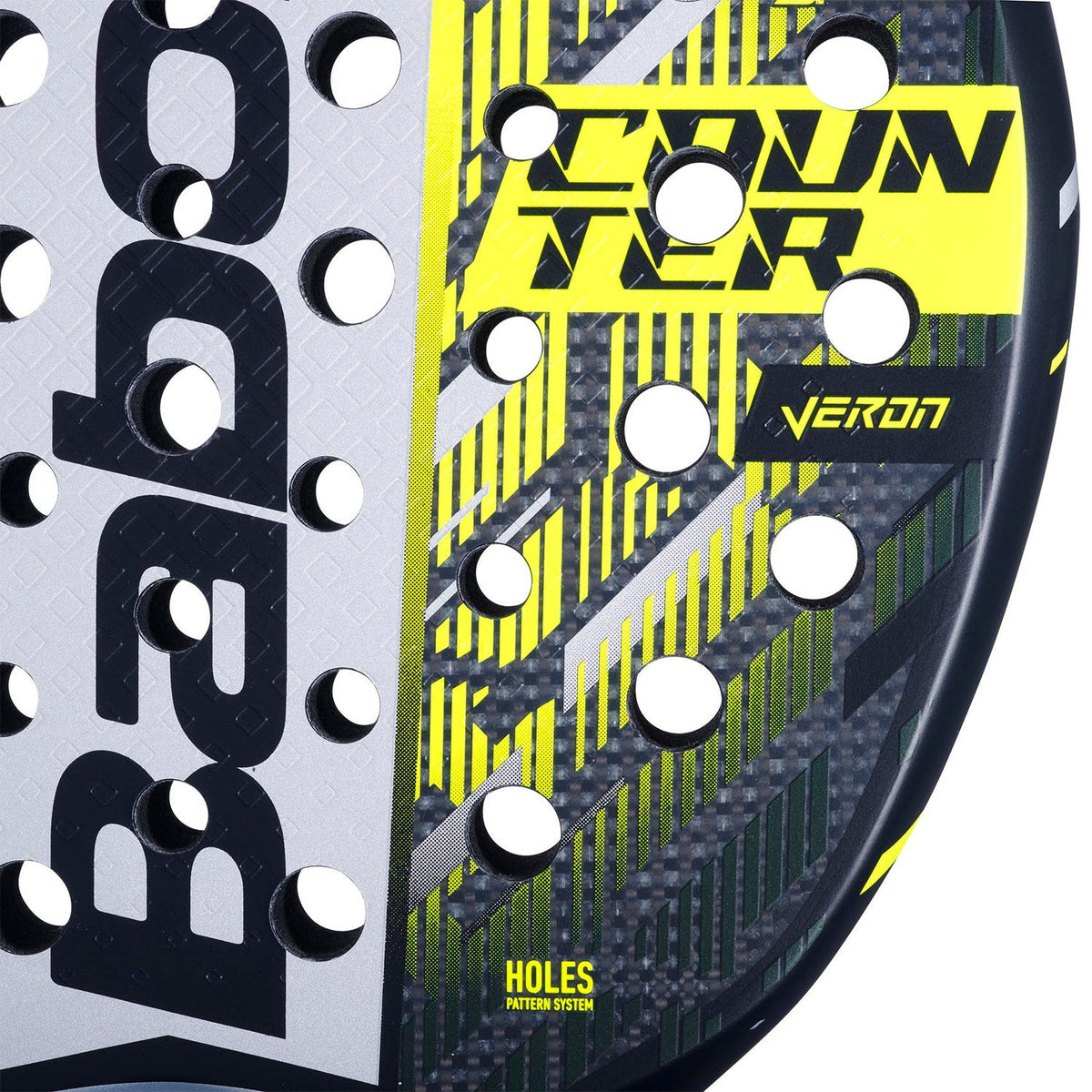 Close-up van het slagvlak van het Babolat Counter Veron 25 met gele COUNTER Veron-opdruk