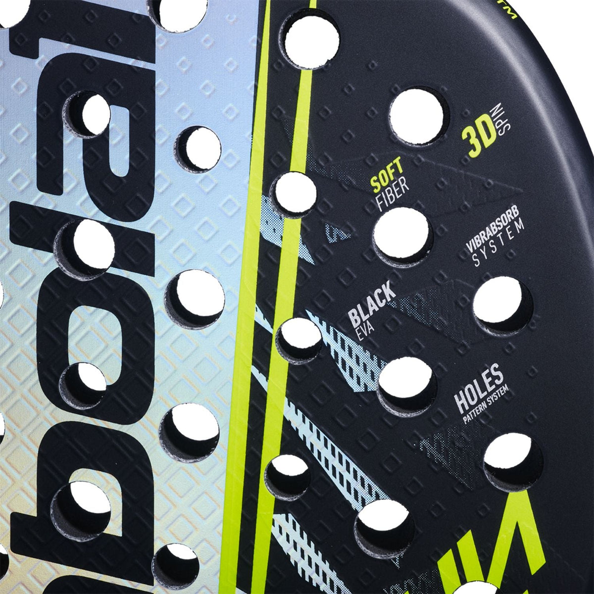 Close-up van het slagvlak van het Babolat Counter Vertuo 2.6 met lichtblauwe en zwarte vlakken