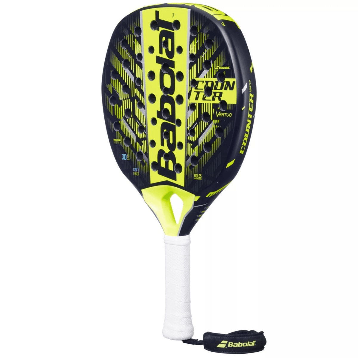 Babolat Counter Vertuo 25 padelracket schuin vooraanzicht, hybride vorm in zwart en geel