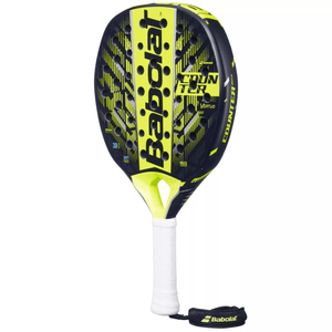 Babolat Counter Vertuo 25 padelracket schuin vooraanzicht, hybride vorm in zwart en geel