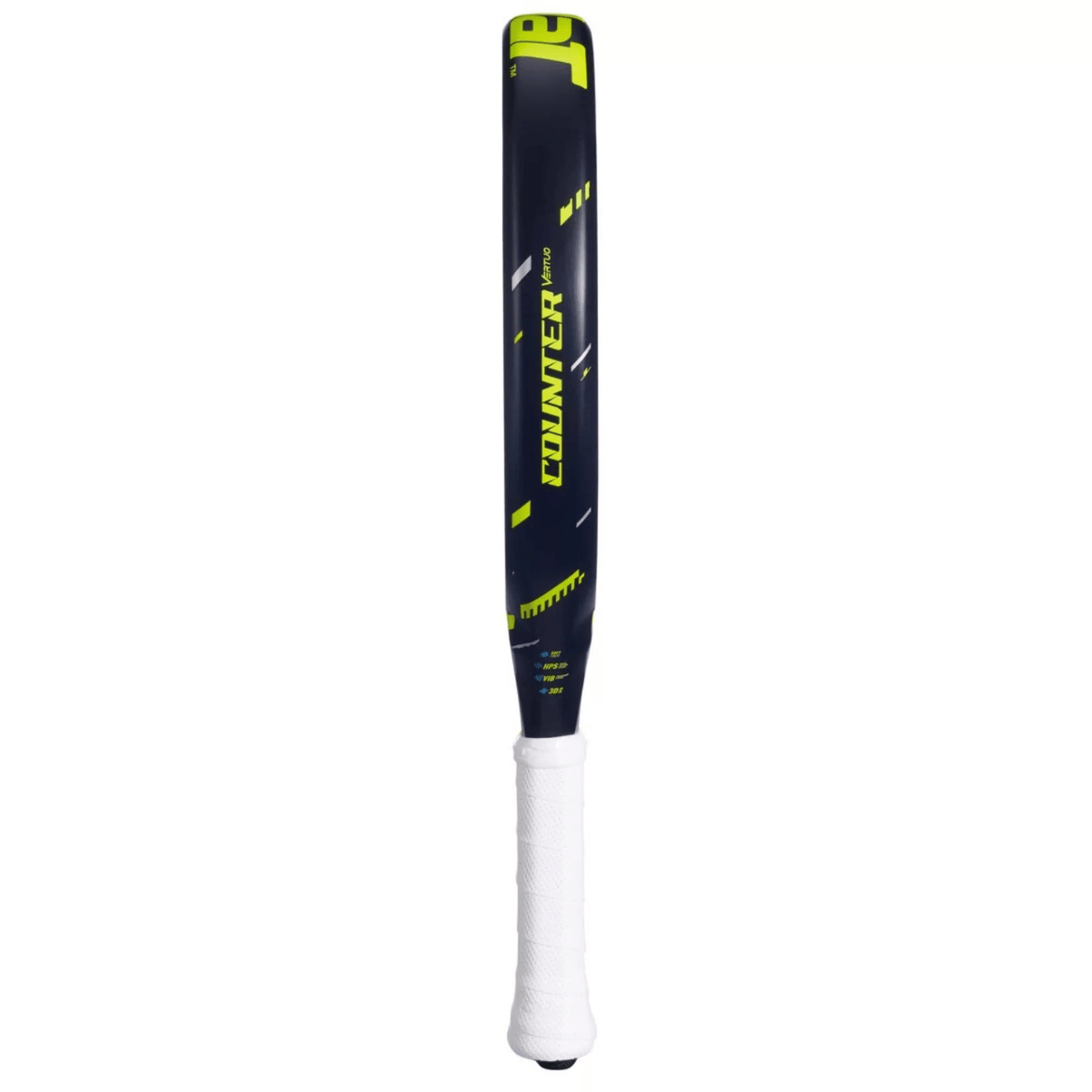 Zijaanzicht van het Babolat Counter Vertuo 25 over de volle lengte met witte grip