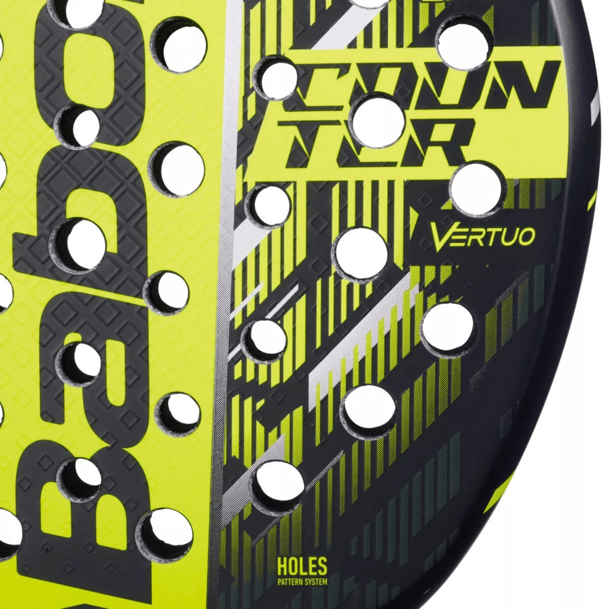 Close-up van het slagvlak van het Babolat Counter Vertuo 25 met COUNTER Vertuo-opdruk
