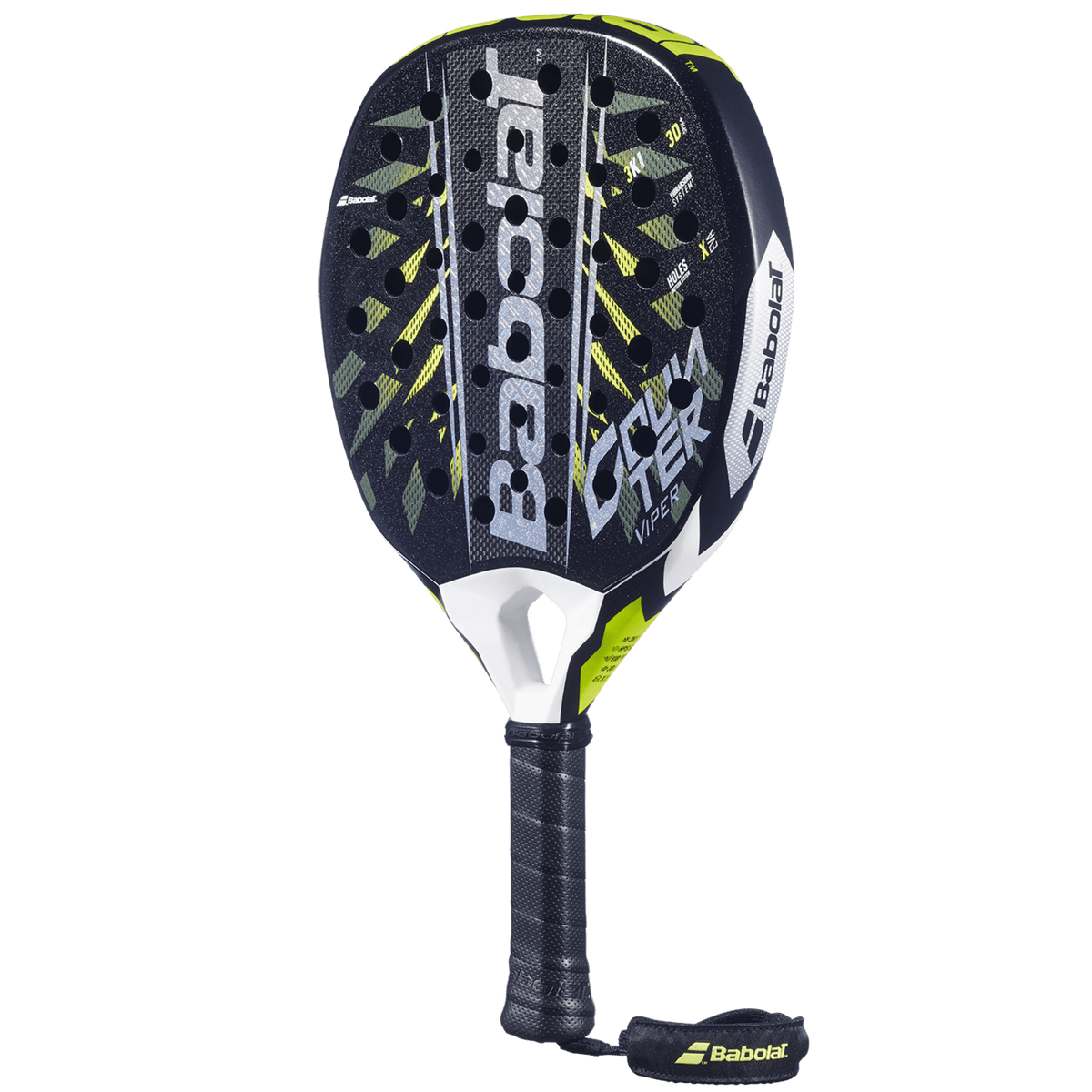 Babolat Counter Viper 2.6 padelracket schuin vooraanzicht, rondvorm in zwart en geel