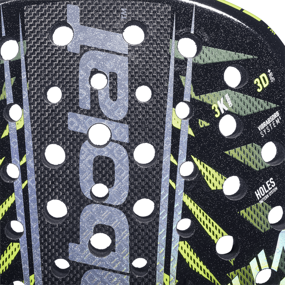 Close-up van het slagvlak van het Babolat Counter Viper 2.6 met grijs carbon en gele details