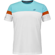 Wit Babolat Crew Neck T-shirt 2026 met turquoise schoudervlak en oranje mouwpanelen