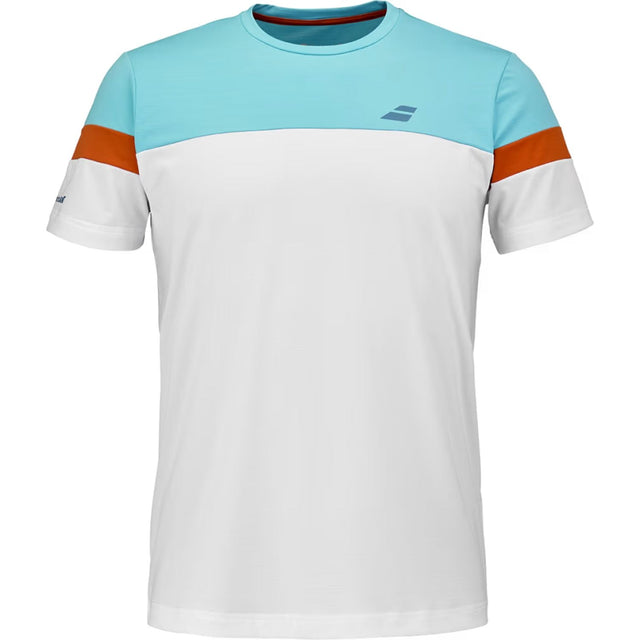 Wit Babolat Crew Neck T-shirt 2026 met turquoise schoudervlak en oranje mouwpanelen