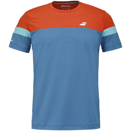 Blauw Babolat Crew Neck T-shirt 2026 met oranje schoudervlak en turquoise mouwbiezen