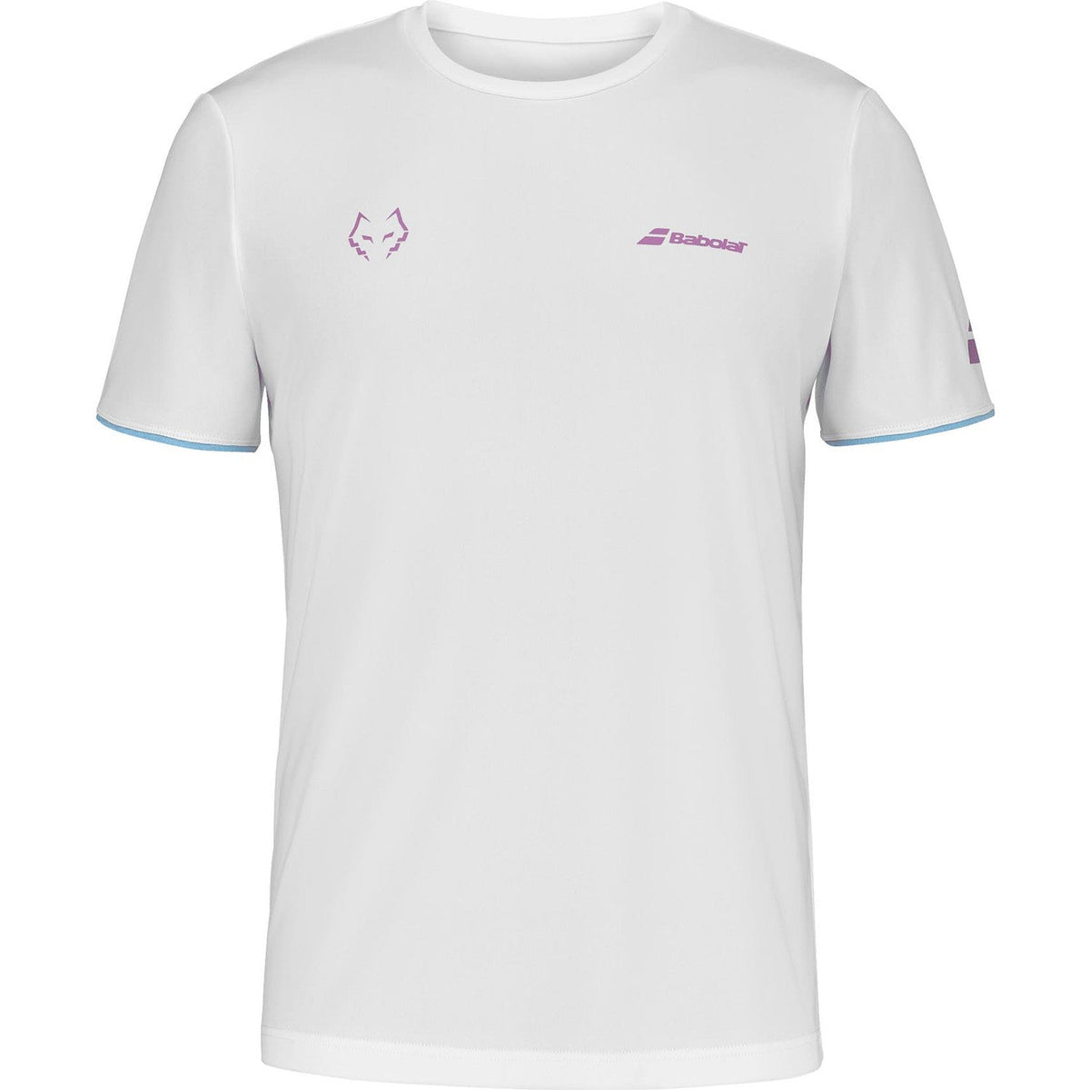 Wit Babolat Crew Neck T-shirt Lebron met lichtblauwe mouwboorden en roze logo op de borst