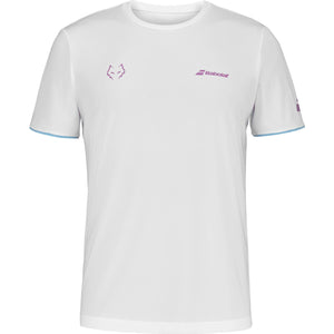 Wit Babolat Crew Neck T-shirt Lebron met lichtblauwe mouwboorden en roze logo op de borst