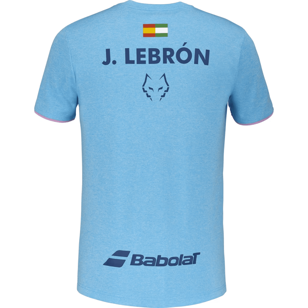 Achterzijde van het lichtblauwe Babolat Crew Neck T-shirt Lebron met opdruk J. Lebron